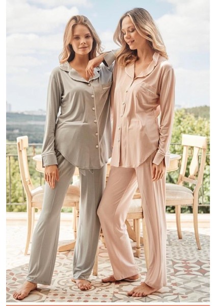 5126 Pudra Noktalı Önden Düğmeli Lohusa Pijama Tk
