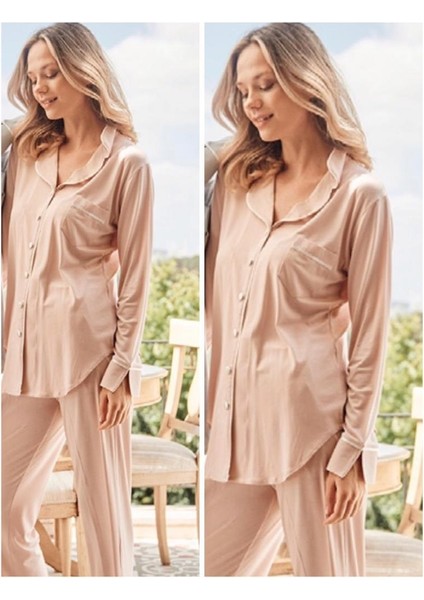 5126 Pudra Noktalı Önden Düğmeli Lohusa Pijama Tk