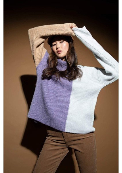 Geometrik Renk Bloklu Balıkçı Yaka Oversize Fit Ekstra Yumuşak Triko Tunik U8689AZ22WN