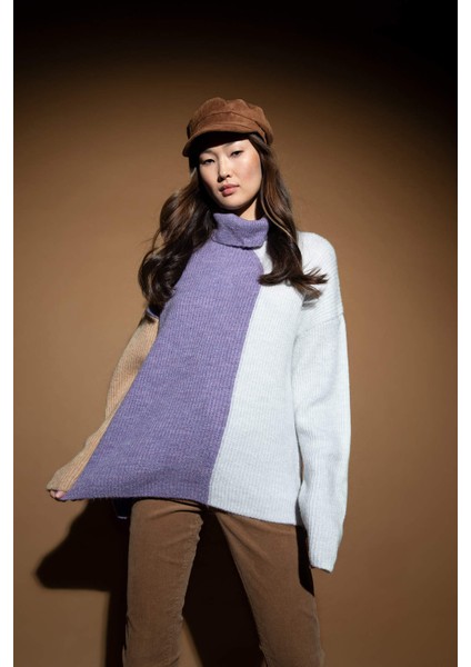 Geometrik Renk Bloklu Balıkçı Yaka Oversize Fit Ekstra Yumuşak Triko Tunik U8689AZ22WN