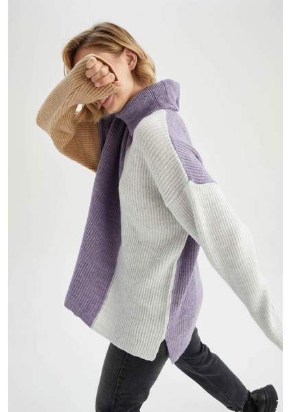 Geometrik Renk Bloklu Balıkçı Yaka Oversize Fit Ekstra Yumuşak Triko Tunik U8689AZ22WN