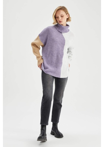Geometrik Renk Bloklu Balıkçı Yaka Oversize Fit Ekstra Yumuşak Triko Tunik U8689AZ22WN
