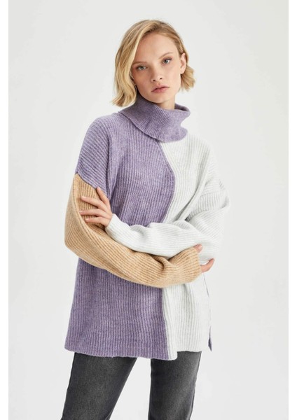 Geometrik Renk Bloklu Balıkçı Yaka Oversize Fit Ekstra Yumuşak Triko Tunik U8689AZ22WN