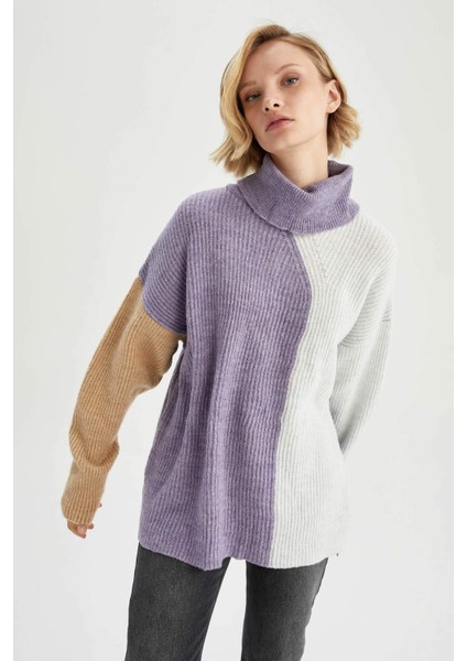 Geometrik Renk Bloklu Balıkçı Yaka Oversize Fit Ekstra Yumuşak Triko Tunik U8689AZ22WN