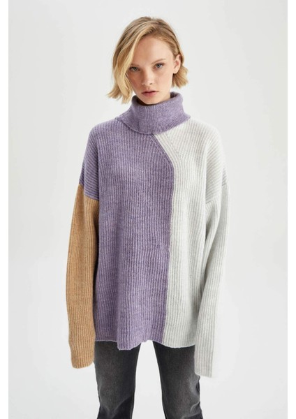 Geometrik Renk Bloklu Balıkçı Yaka Oversize Fit Ekstra Yumuşak Triko Tunik U8689AZ22WN