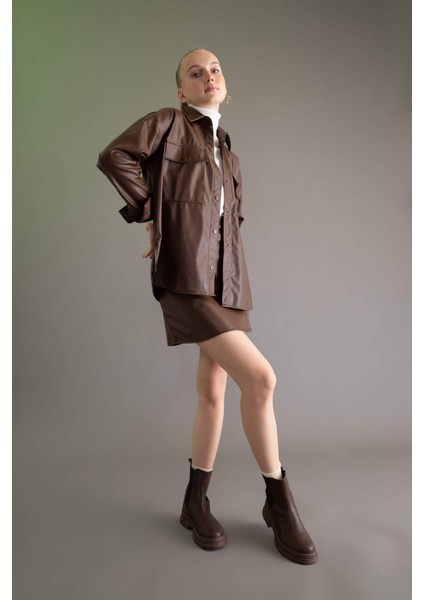 Oversize Fit Gömlek Yaka Suni Deri Uzun Kollu Gömlek V2938AZ22WN