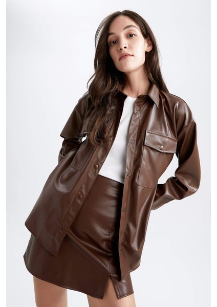 Oversize Fit Gömlek Yaka Suni Deri Uzun Kollu Gömlek V2938AZ22WN