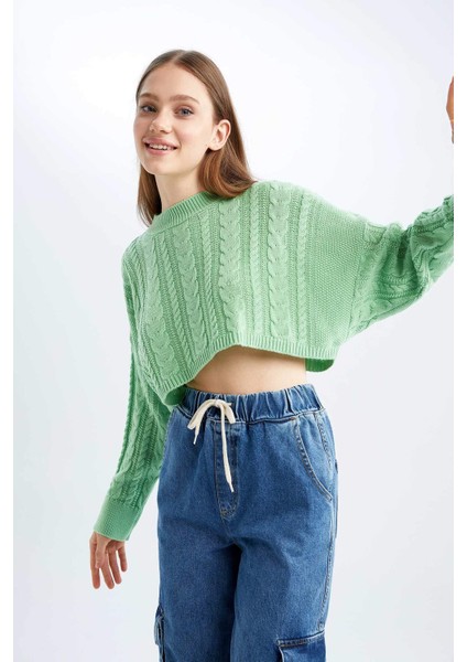 Coool Relax Fit Örgü Desenli Kayık Yaka Crop Kazak T4518AZ22AU