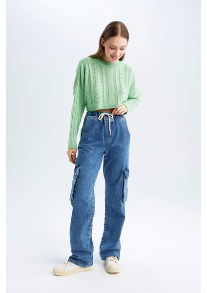 Coool Relax Fit Örgü Desenli Kayık Yaka Crop Kazak T4518AZ22AU