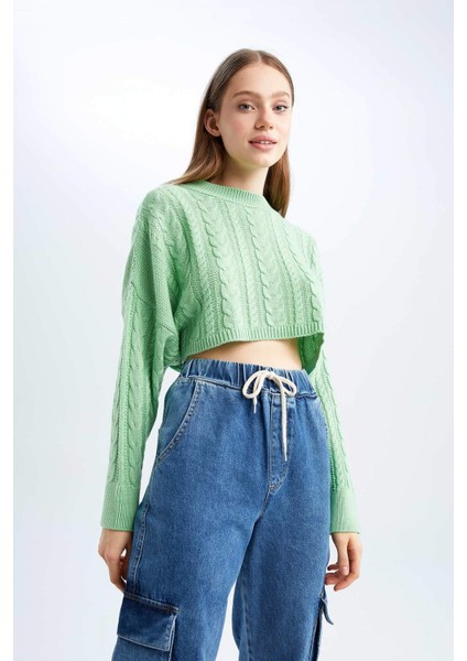 Coool Relax Fit Örgü Desenli Kayık Yaka Crop Kazak T4518AZ22AU