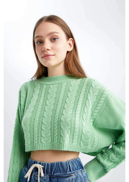 Coool Relax Fit Örgü Desenli Kayık Yaka Crop Kazak T4518AZ22AU