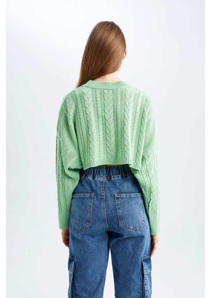 Coool Relax Fit Örgü Desenli Kayık Yaka Crop Kazak T4518AZ22AU