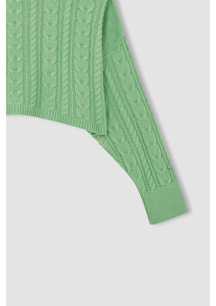 Coool Relax Fit Örgü Desenli Kayık Yaka Crop Kazak T4518AZ22AU