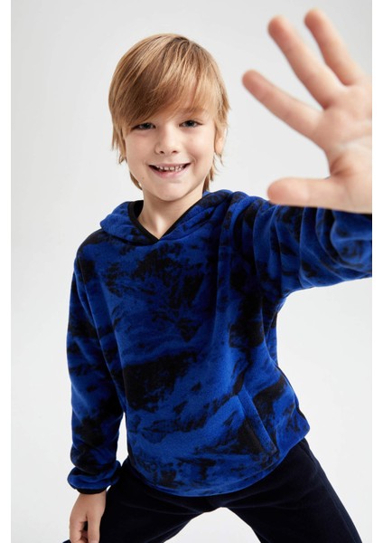 Erkek Çocuk Kapüşonlu Desenli Fleto Cepli Polar Sweatshirt Y1662A622WN
