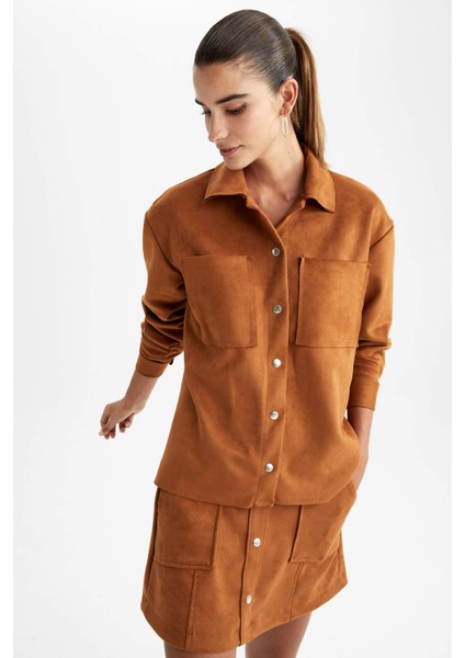 Oversize Fit Gömlek Yaka Süet Uzun Kollu Gömlek V1716AZ22WN