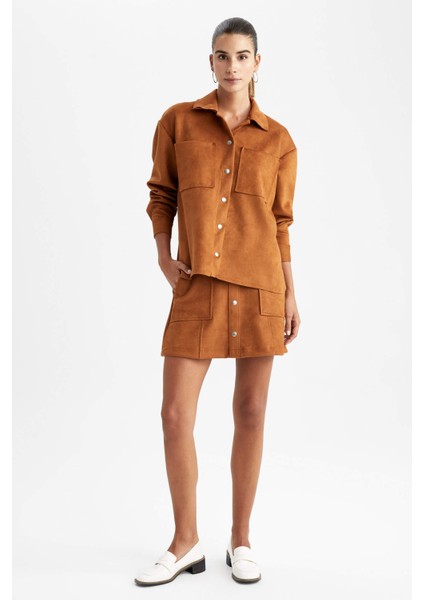 Oversize Fit Gömlek Yaka Süet Uzun Kollu Gömlek V1716AZ22WN