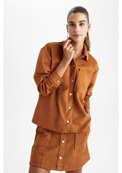 Oversize Fit Gömlek Yaka Süet Uzun Kollu Gömlek V1716AZ22WN