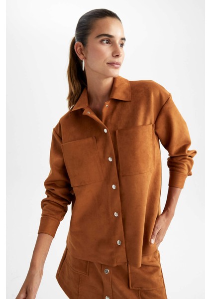 Oversize Fit Gömlek Yaka Süet Uzun Kollu Gömlek V1716AZ22WN