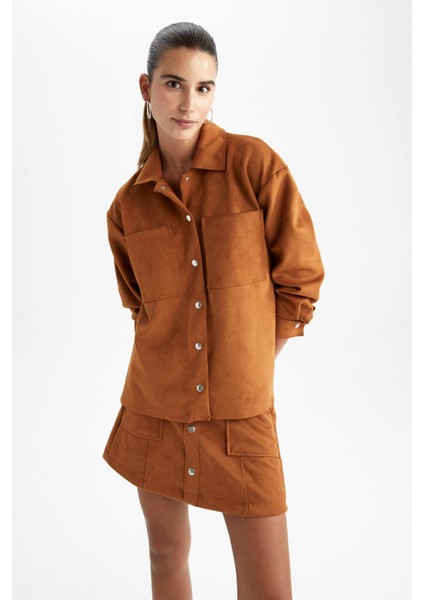Oversize Fit Gömlek Yaka Süet Uzun Kollu Gömlek V1716AZ22WN