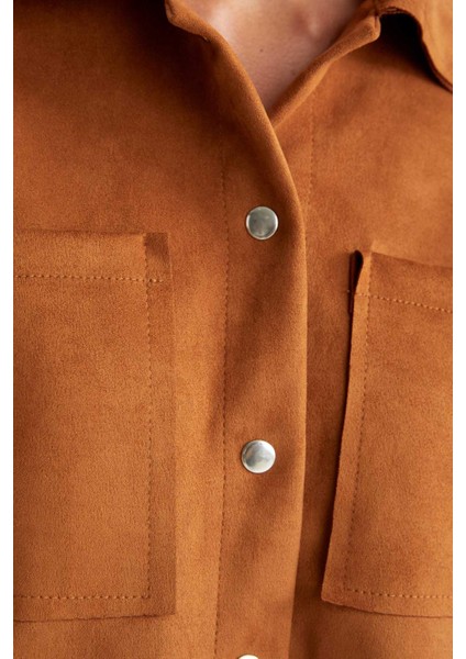 Oversize Fit Gömlek Yaka Süet Uzun Kollu Gömlek V1716AZ22WN