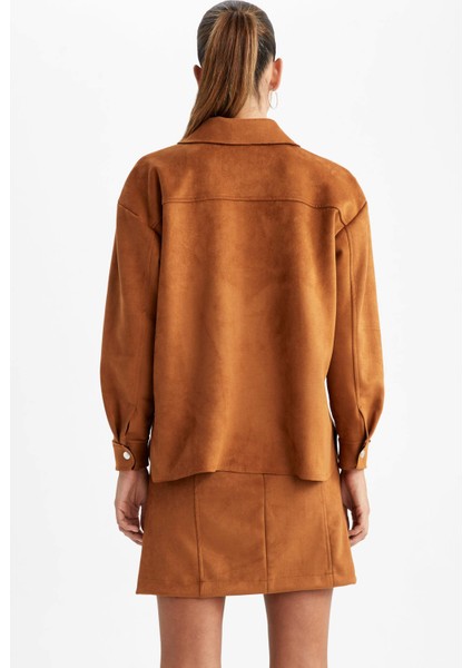 Oversize Fit Gömlek Yaka Süet Uzun Kollu Gömlek V1716AZ22WN