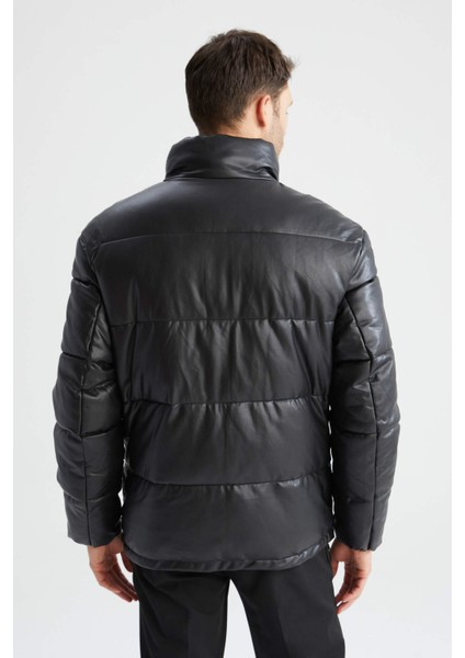 Slim Fit Dik Yaka Suni Deri Şişme Mont U9891AZ22AU