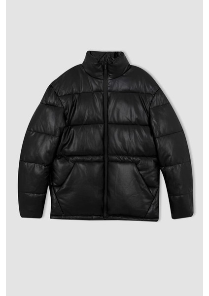 Slim Fit Dik Yaka Suni Deri Şişme Mont U9891AZ22AU