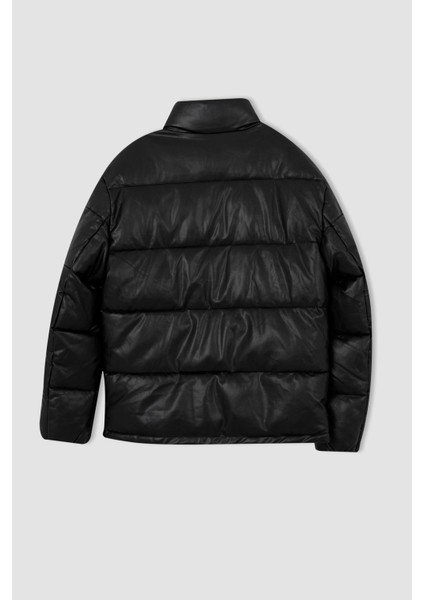 Slim Fit Dik Yaka Suni Deri Şişme Mont U9891AZ22AU