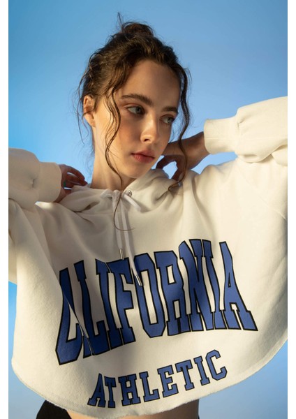 Crop Kapüşonlu Uzun Kollu Baskılı Sweatshirt Z0093AZ22AU