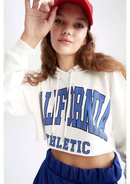 Crop Kapüşonlu Uzun Kollu Baskılı Sweatshirt Z0093AZ22AU fırsatları