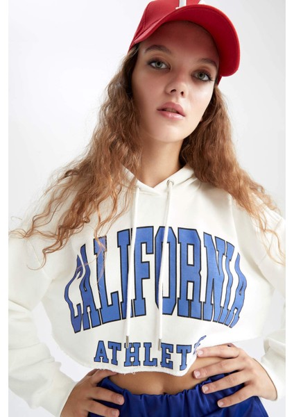 Crop Kapüşonlu Uzun Kollu Baskılı Sweatshirt Z0093AZ22AU