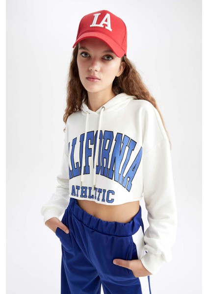 Crop Kapüşonlu Uzun Kollu Baskılı Sweatshirt Z0093AZ22AU