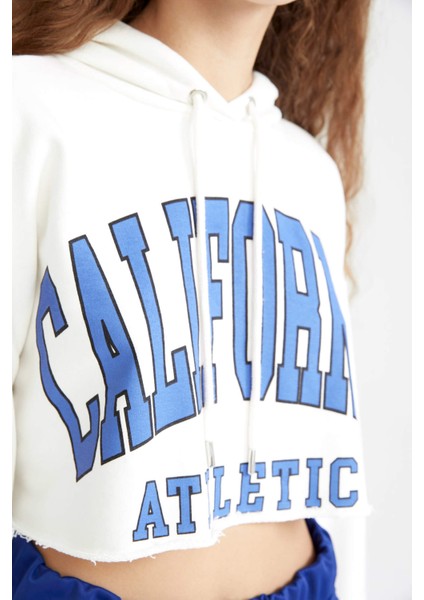 Crop Kapüşonlu Uzun Kollu Baskılı Sweatshirt Z0093AZ22AU