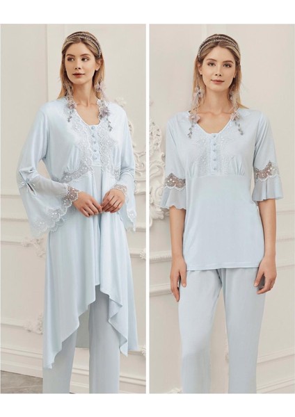 316 Mavi Hamile Lohusa 3 Lü Pijama Sabahlık Takım fiyatları