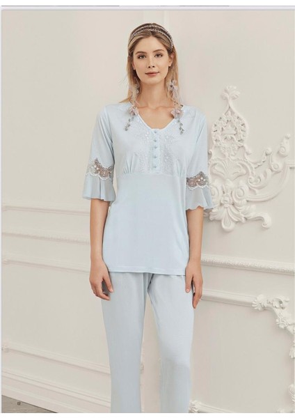 316 Mavi Hamile Lohusa 3 Lü Pijama Sabahlık Takım modelleri