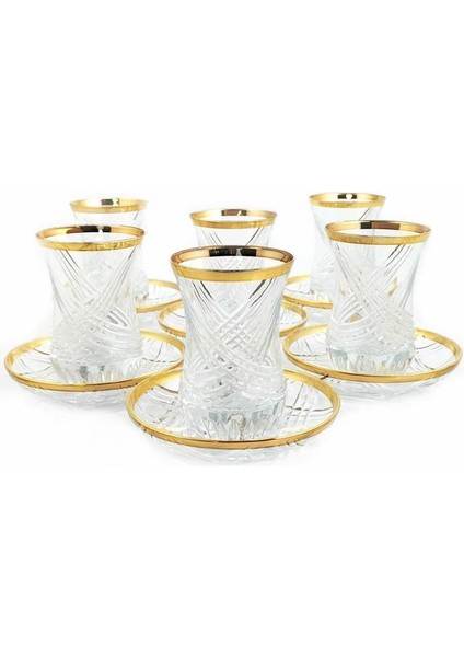 12 Parça Cam Altın Yaldızlı El Imalatı Kesme Çay Takımı Seti