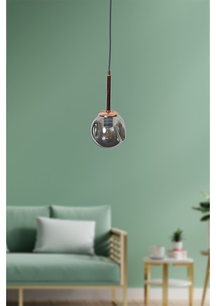 Mona Tekli Bakır-Siyah Metal Gövde Füme Camlı Tasarım Lüx Sarkıt Avize