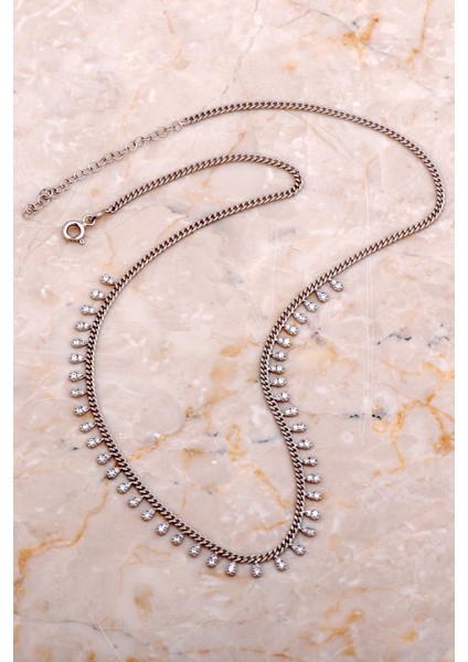 Taşlı Damla Rodyumlu Gümüş Choker Kolye 7928