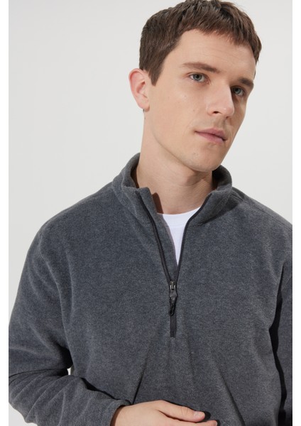Erkek Antrasit Anti-pilling Tüylenme Yapmayan Standart Fit Dik Yaka Soğuk Geçirmez Polar Sweatshirt