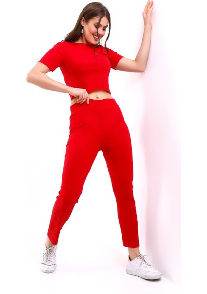 Kadın Kısa Kol Kaşkorse Crop Takım Pamuklu Bisiklet Yaka Fitilli