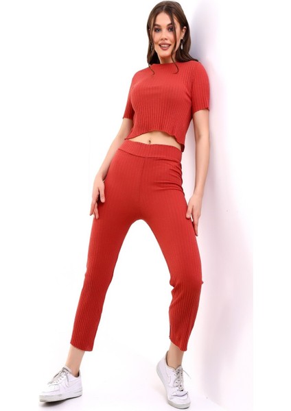 Kadın Kısa Kol Kaşkorse Crop Takım Pamuklu Bisiklet Yaka Fitilli modelleri