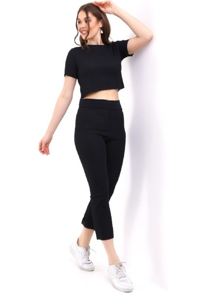 Kadın Kısa Kol Kaşkorse Crop Takım Pamuklu Bisiklet Yaka Fitilli