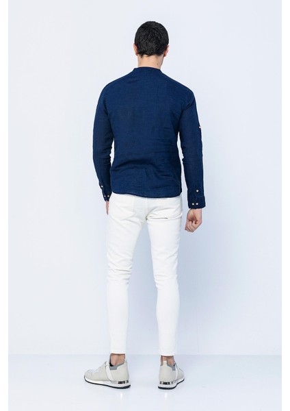 Erkek Regular Fit Yarım Patlı Düğmeli %100 Keten Uzun Kollu ve Katlama Kollu Gömlek