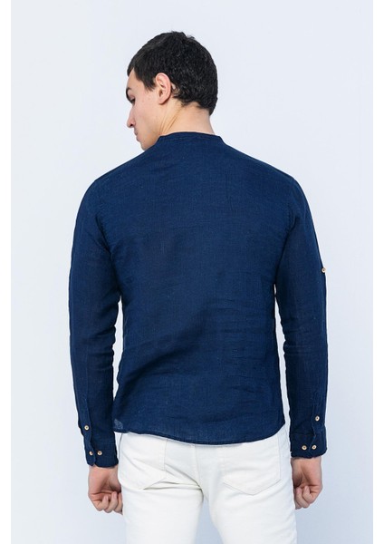 Erkek Regular Fit Yarım Patlı Düğmeli %100 Keten Uzun Kollu ve Katlama Kollu Gömlek