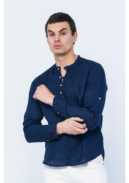 Erkek Regular Fit Yarım Patlı Düğmeli %100 Keten Uzun Kollu ve Katlama Kollu Gömlek
