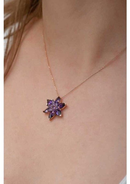 925 Ayar Gümüş Roze Renk Mor Lotus Çiçeği Kolye fiyatları