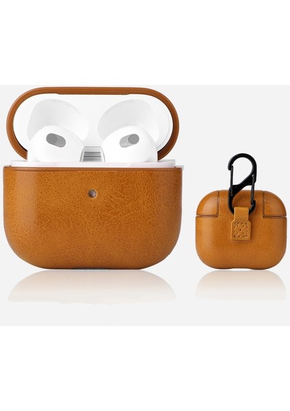 Apple Airpods 3.nesil Kılıf Suni Deri Kancalı Silikon Sf9 Kahverengi Açık
