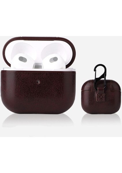 Apple Airpods 3.nesil Kılıf Suni Deri Kancalı Silikon Sf9 Kahverengi Koyu