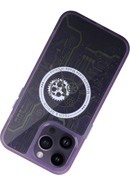 Apple iPhone 14 Pro Kılıf Wireless Tacsafe Magic Desen Ultra Koruma Sert Kapak Derin Mor