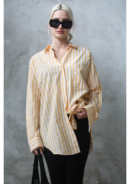 Sarı Çizgili Oversize Kadın Gömlek MG1688